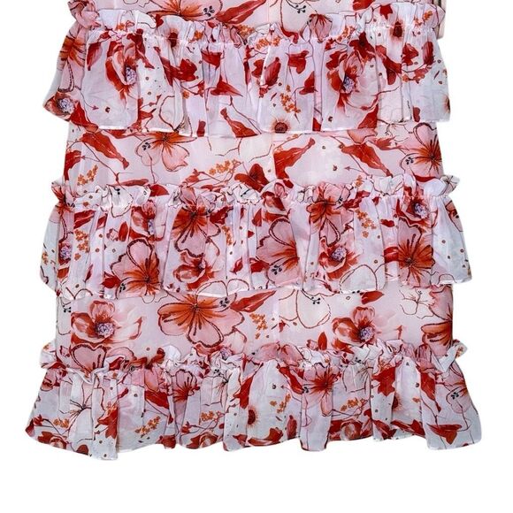 Badgley Mischka Pink Short Sleeve Tiered Floral Mini Runway Dress Size 10 Ruffle - Picture 7 of 13